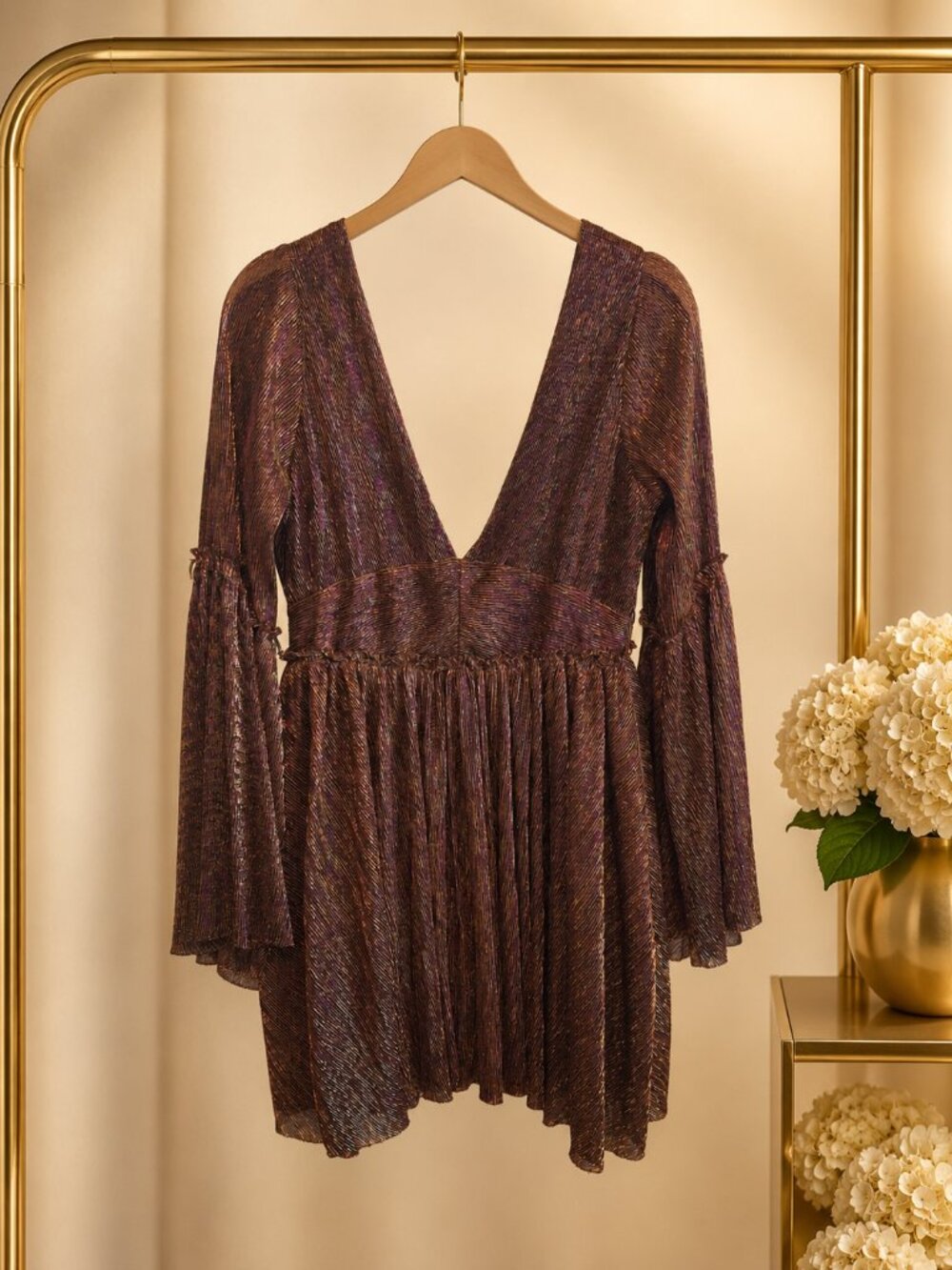 Whimsigoth Y2K Ecote UO Starstruck Glitter Bell Sleeve Mini Dress Brown Purple L